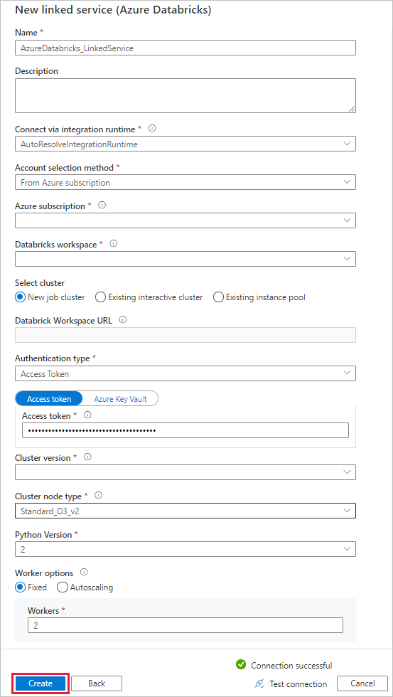 data ingestion azure data factory: azure databricks linked service step 4